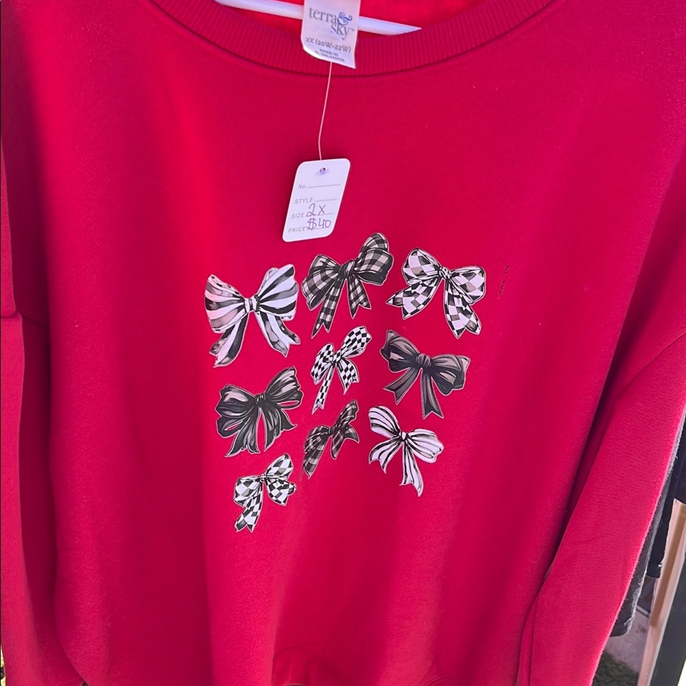 Terra & Sky Red Crew Neck Sweater with Festive Bow Design